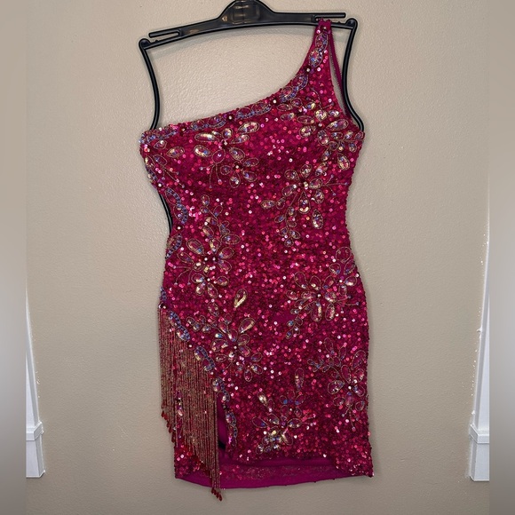 Rachel Allan Dresses & Skirts - Rachel Allan Pink Asymmetrical Sequin Bodycon Dress with Fringe Size 0
